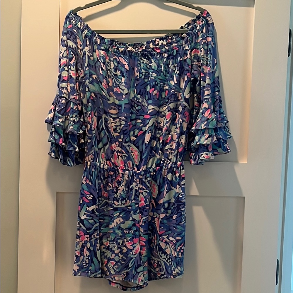 Lilly Pulitzer Off-Shoulder Floral Romper in Blue & Pink
